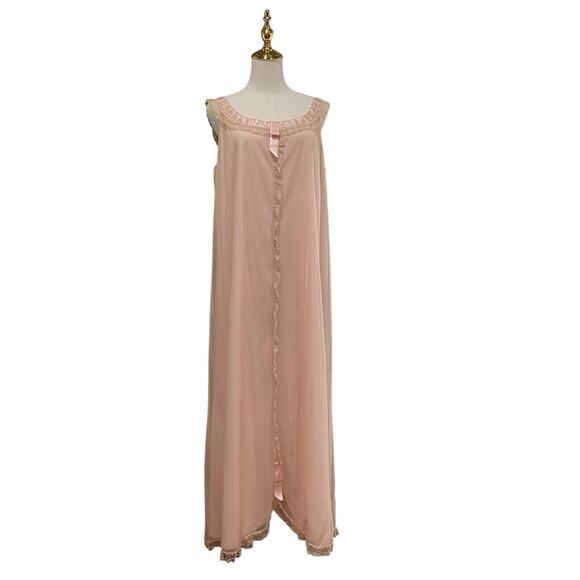 Vintage 60s Odette Barsa Pink Nylon Chiffon Lace & Ribbons Maxi Nightgown Size M - Picture 3 of 10